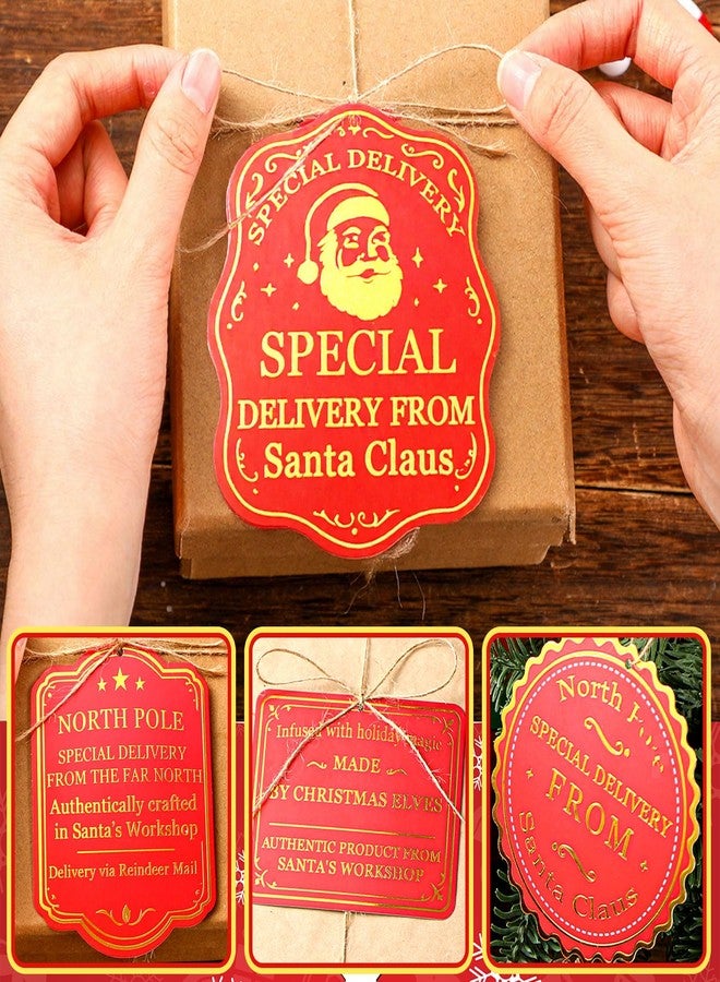 مارسبارك مجموعة مارسبارك من 100 قطعة من بطاقات هدايا عيد الميلاد من سانتا، 4 أنماط، بطاقات هدايا عيد الميلاد من القطب الشمالي مع خيط، بطاقات ذهبية اللون قابلة للتخصيص من سانتا، ملصقات توصيل من القطب الشمالي لتغليف الهدايا. - Image 1